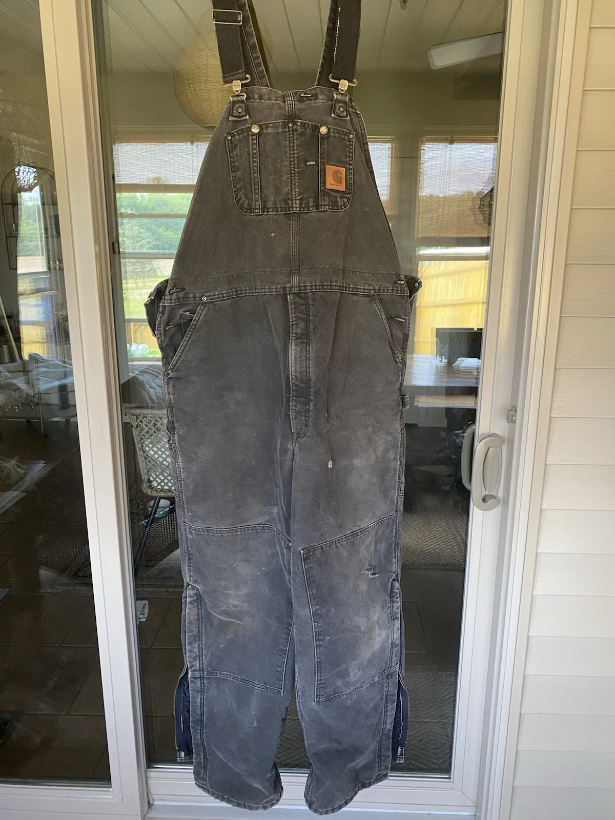 Carhartt Men’s Black Canvas Work Bib Overalls Thrashed 44/34