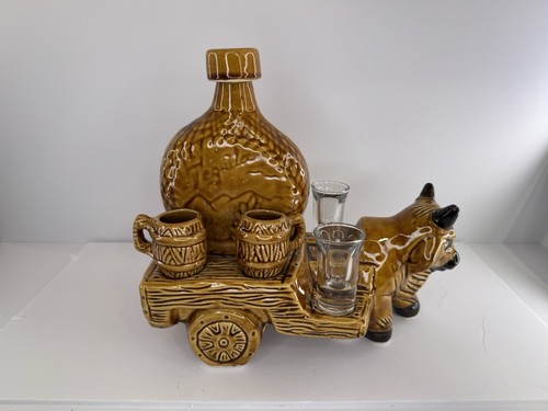 Vintage 1970s Ceramic Donkey Tequila Decanter With Shot glasses