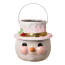 SMALL Pastel Holly Hat Snowman Bucket By Bethany Lowe Designs