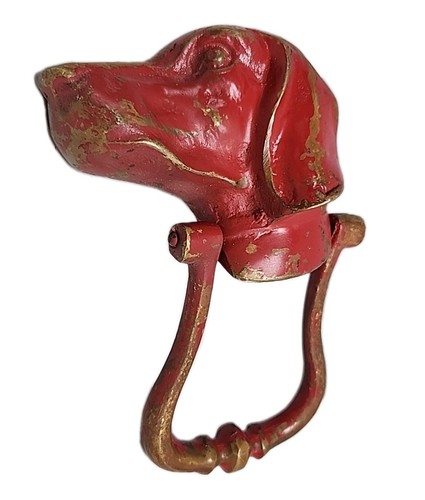 Vintage Heavy Brass Hound Dog Head Door Knocker Pointer 6.5" High Rustic Red - Picture 2 of 9