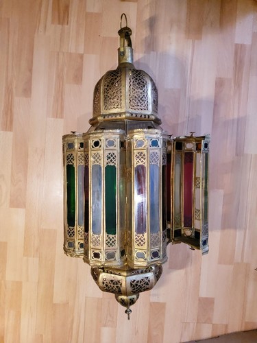 Chandelier Pendant Light Morocan Brass Multicolor StainedGlass 3ft4 Used Vintage - Picture 21 of 22