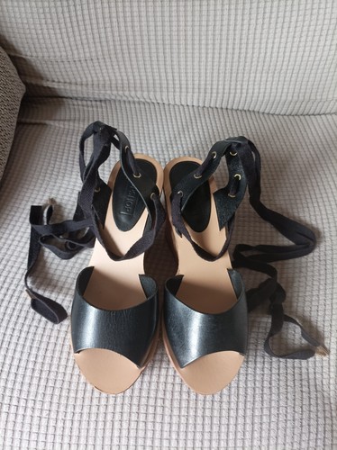 Topshop Black Leather High Heel Wedge Sandals/Shoes Size 5, New - Picture 5 of 14