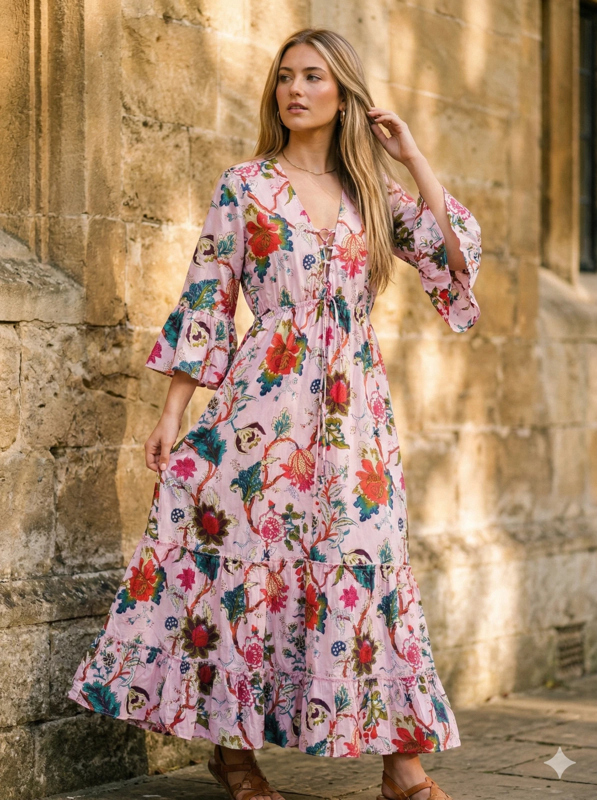 Pink Floral Print V-Neck Maxi Dress Bell Sleeve Tiered Boho Vacation Laced Up