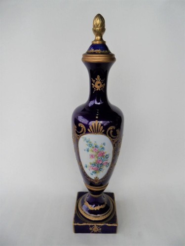 Antique French Paris Porcelain Cobalt Blue & Hand Painted Gold & Floral Urn - Picture 1 of 10