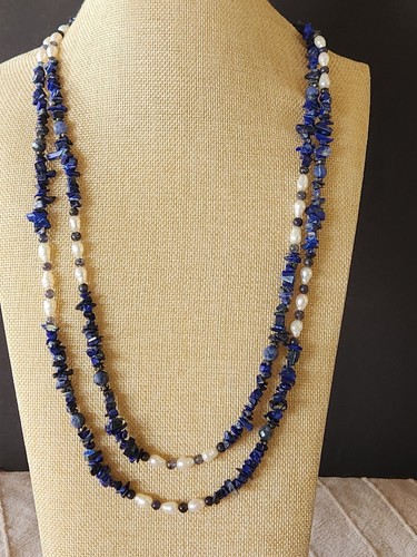 Sterling Silver Genuine Pearl And Lapis Necklace Amazing 56" Long