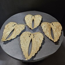 Gold Glittered Angel Wings Christmas Ornaments Plastic 5" Set Of 4