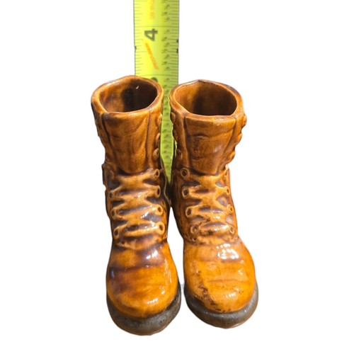 (2) Ceramic Boot Vintage Small 3.5" Cute Tread Stitching Details Brown - Picture 10 of 10