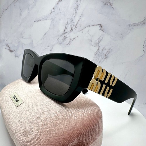 MIU MIU Sunglasses New Black Acetate Gold Metal Logo Square Cat Eye Authentic - Picture 10 of 16