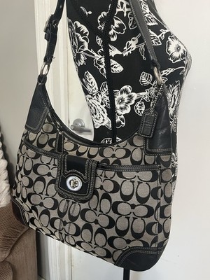 COACH Signature Hobo Shoulder Bag Turn Lock Leather Canvas Black COACH Signature Hobo Shoulder Bag Turn Lock Leather Canvas Black
