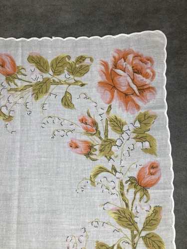 Vintage Blumen Rosen Taschentuch Koralle Grün Weiß 13,5” X 13,5” Taschentuch - Bild 3 von 7