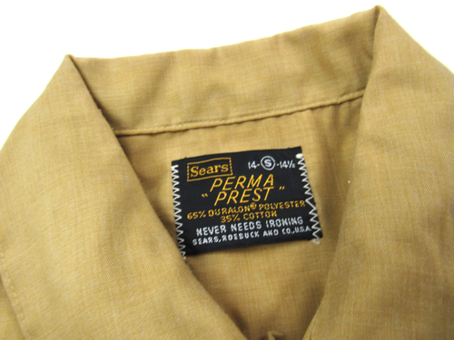 Vtg Sears Button Front OCBD Collared Shirt Men's Sz S Mustard Retro 1960s - Picture 5 of 10