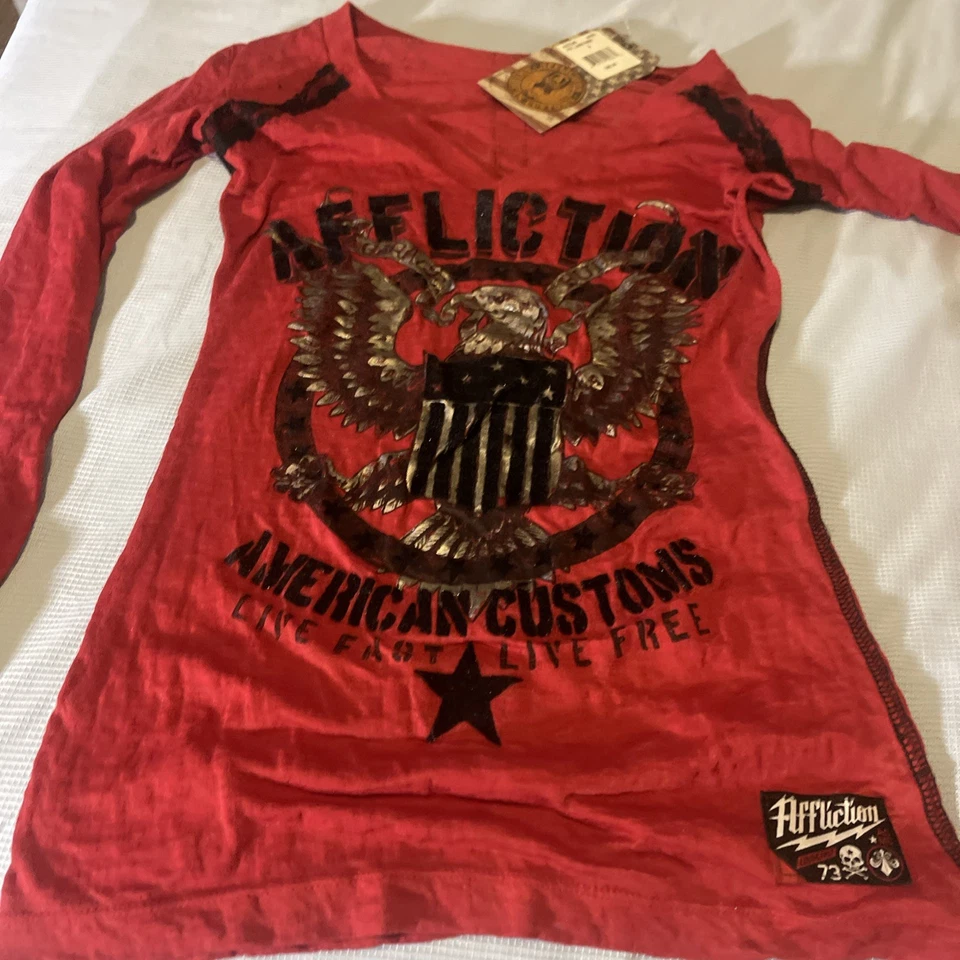 Nueva Camisa Mujer Affliction American Customs Águila Roja Manga Larga Talla Pequeña