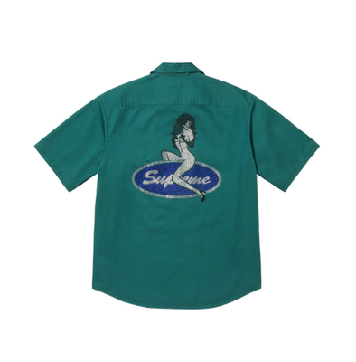 Supreme Rhinestone Pin Up S/S Work Shirt Work Green Size Medium