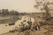 Vannes vue du port Benoist lithographie originale XIXe Morbihan