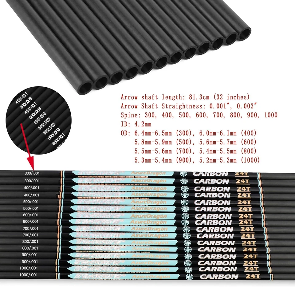 32" Pure Carbon Arrows 24T SP300-1000 ID4.2mm Recurve Bow Shooting Hunting 003" - Image 3 of 4