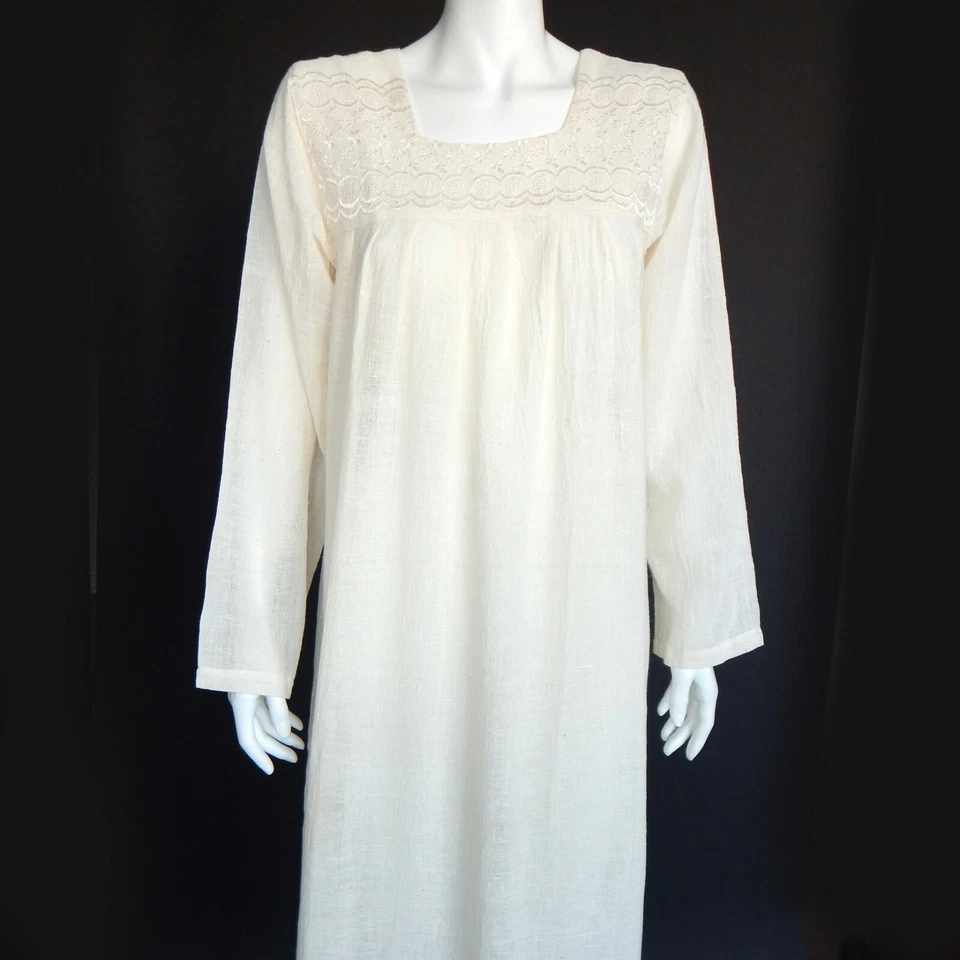 Maxi Vestido Vintage Algodón Gasa Marfil Bordado Kaftan India Talla M/L/8123 Foto 2 de 4