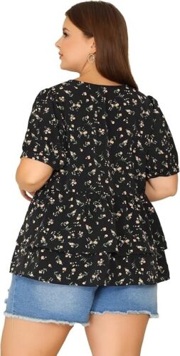 NWT Agnes Orinda Black Floral V~Neck Short Sleeve Layered Peplum Blouse Size 3X - Picture 3 of 8