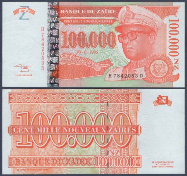 ZAIRE 100,000 100000 Nouveaux Zaires X 5 PCS 1996 P-77 1//20 Bundle UNC