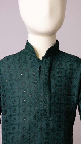 Kids Rayon Chikankari Kurta Set Green - Picture 3 of 7