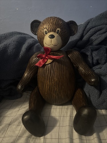 Teddy Bear Wooden Hand Carved Jointed Posable 13” Tall Vintage