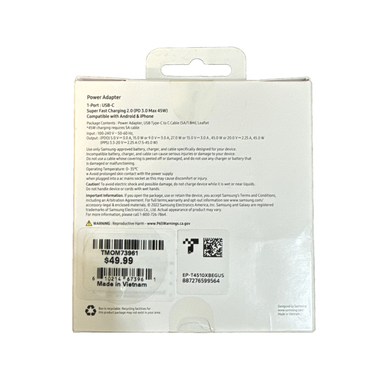 Samsung 45W PD Power Adapter Wall USB C to C Cable 5A/1.8m NIB 