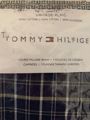 New Tommy Hilfiger Euro Pillow Sham Blue Vntg Plaid Cotton Americana 26”x 26”