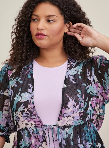 Torrid Chiffon Clip Dot Floral Black Ruffle Kimono Size 2/2X(18-20)- EUC - Picture 3 of 7
