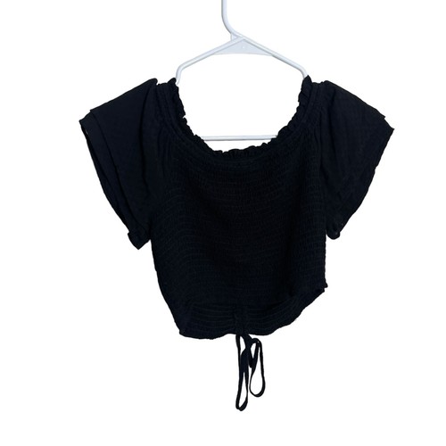 Love Tree Blouse Women's Small Black Smocked Short Sleeve Tie Cropped Shirt Top - Picture 3 of 9