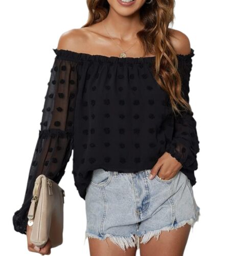 XL - Damen Tops, Schweizer Punkte Schulterfrei Laternenärmel Chiffon Bluse Bommel Shirts - Bild 10 von 13