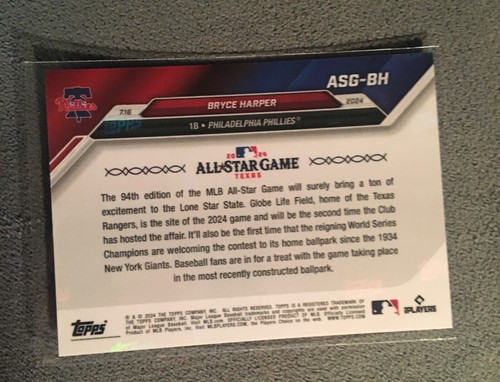 2024 TOPPS NOW MLB ALL STARS ASG-BH BRYCE HARPER  PHILLIES BLUE NUMBERED 42/49 - Picture 2 of 2
