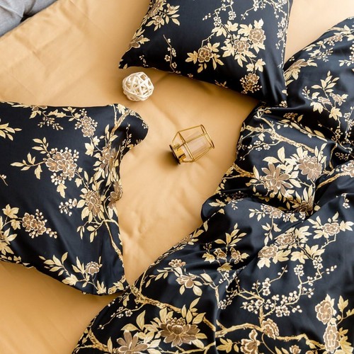 Chinoiserie Blossom Print Duvet Quilt Cover Navy Blue Tan White Asian Style - Picture 7 of 10