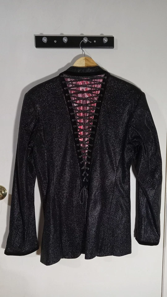 Blazer Lamé Negro con Lentejuelas Rojo Recortes Personalizado Hecho a Mano 40R Chaqueta de Cena Foto 2 de 4