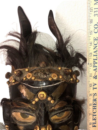 Vintage Tibetan Handmade & Carved Horned & Real Hair Ceremony Tribal Mask - Picture 2 of 14