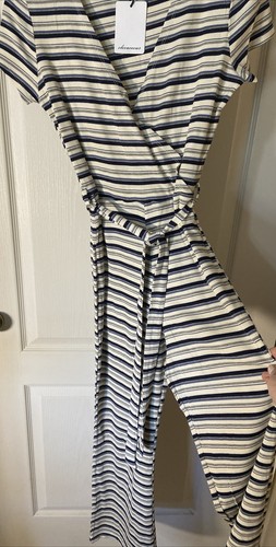 Olivaceous Knit Jumpsuit Womens Blue Stripe Stretch Belted Crossover New Medium - Picture 2 of 11