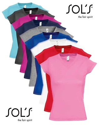 Sols T-Shirt Col V Femme Coton Pur Jersey Manches Courtes S-3XL - Photo 1/2