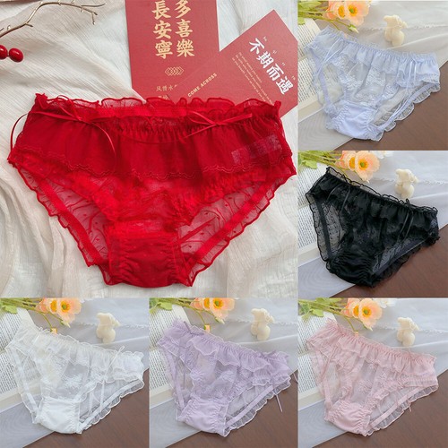 Women Sexy Briefs Bow Ruffle Edge Mid-rise Lace Lingerie Soft High Elastic - Picture 8 of 24