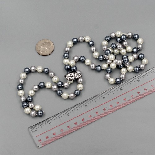 Women Silver Gray Multicolor Pearl Lariat Adjustable Necklace CZ Leaf Clasp 793 - Picture 7 of 7