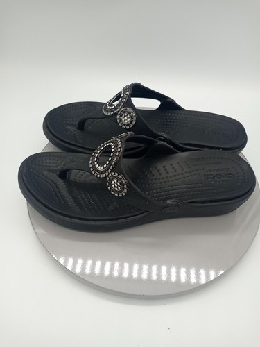 CROCS Sanrah Diamante Women's 6W Black Jeweled Mosaic Design Thong Wedge SANDALS - Picture 4 of 9