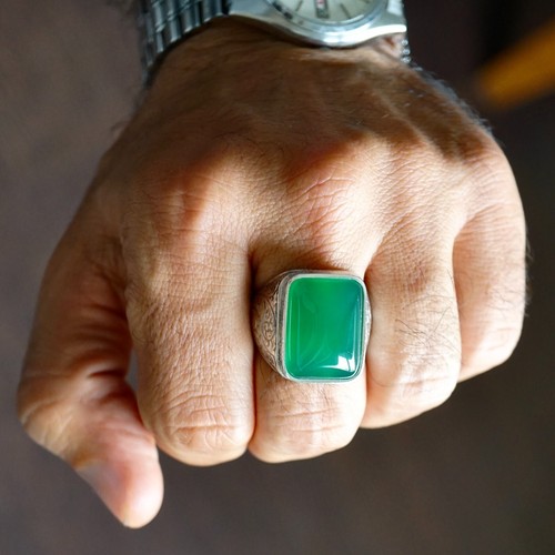 Anillo de plata de ágata verde para hombre sólido de plata de ley 925 piedra natural Aqeeq US11 - Imagen 8 de 8