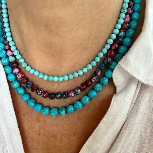 Large 8mm Brilliant Blue Kingman Arizona Beaded Turquoise Gemstone Necklace - Picture 8 of 9