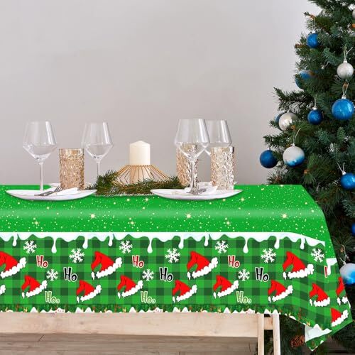 Christmas Tablecloth, 3pcs Disposable Plastic Waterproof Christmas Table Green - Picture 7 of 8