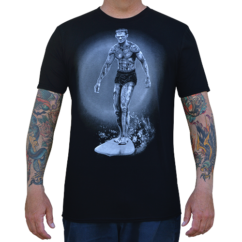 Lowbrow Art His/Hers Surfing Frankenstein Frankenbride Tees Black T-Shirt Surfer - Bild 21 von 22