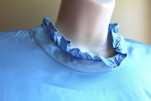 ZARA Satin Shirt Womans XL Heavenly Blue Viscose Ruffle Neck L/S Back Button - Picture 7 of 8