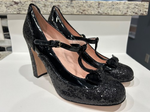 RED VALENTINO Black Patent Leather Bow Tie Mary Jane Glitter Heels Size 38.5