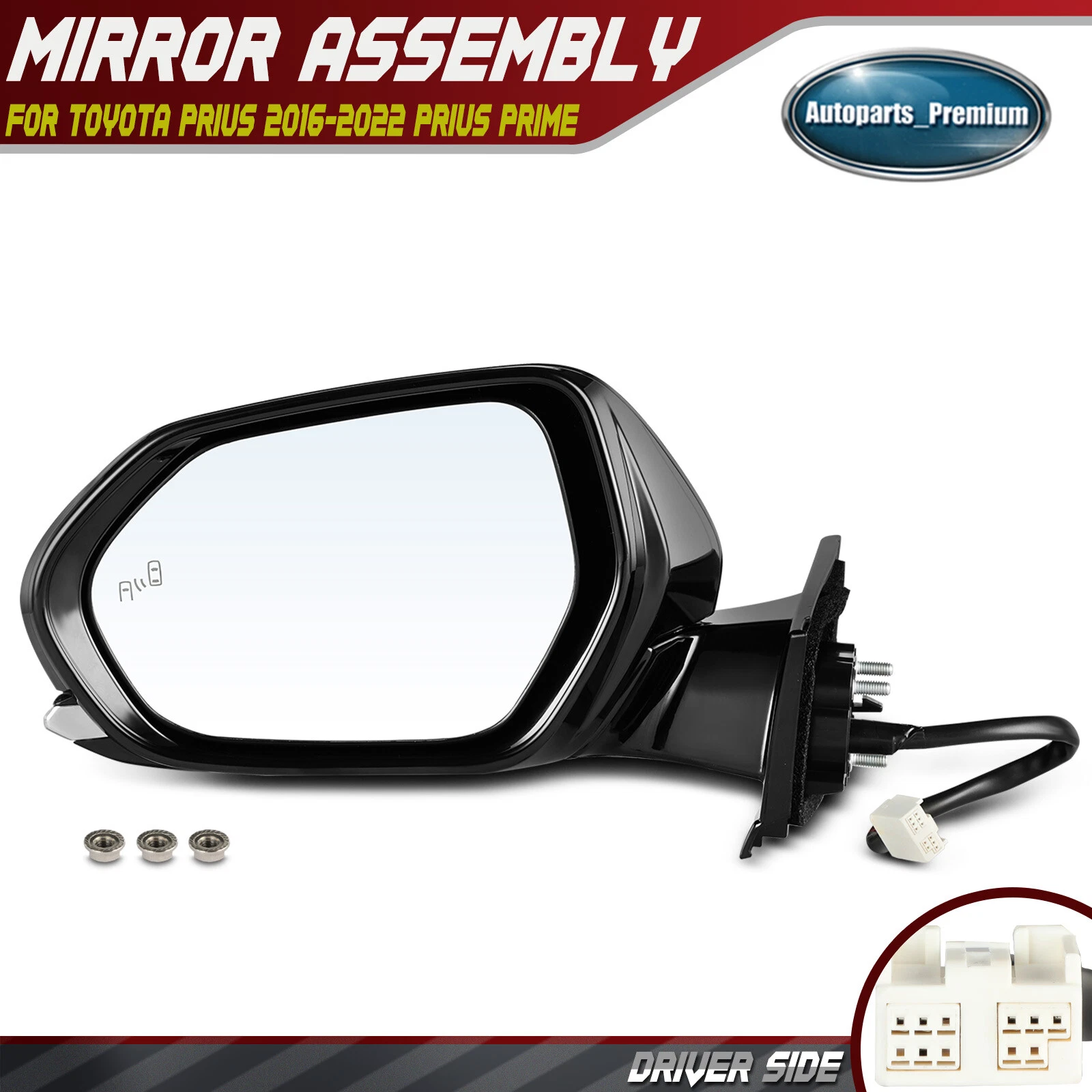 Driver Left Power Mirror w/ Blind Spot & Heated Black for Toyota Prius 2016-2022