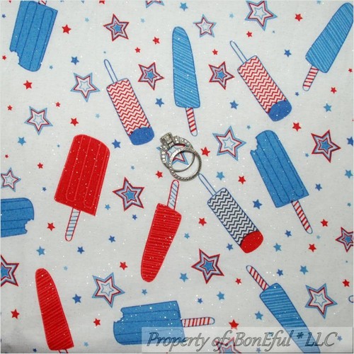BonEful Fabric Cotton Quilt Red White Blue Ice Cream Bday America Star KID SCRAP - Picture 9 of 11