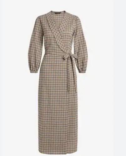 Maxi Vestido Envolvente Next Check Impreso Talla 14 Mangas Completas Beige Natural Adelgazante - Imagen 2 de 6