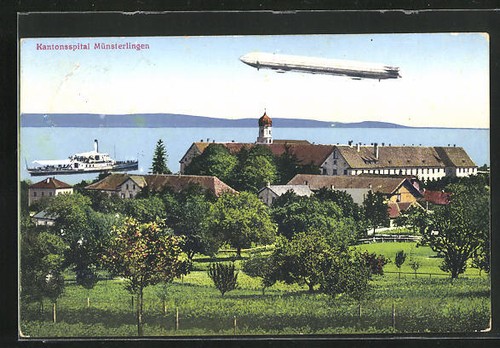 AK Münsterlingen, Kantonsspital und Dampfer mit Zeppelin in der Luft 1912 - Bild 1 von 2
