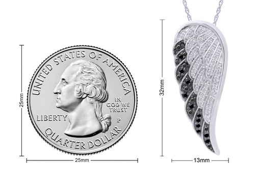 1/4ct White & Black Real Diamond Angel Wing Pendant 18" Necklace Sterling Silver - Picture 7 of 36