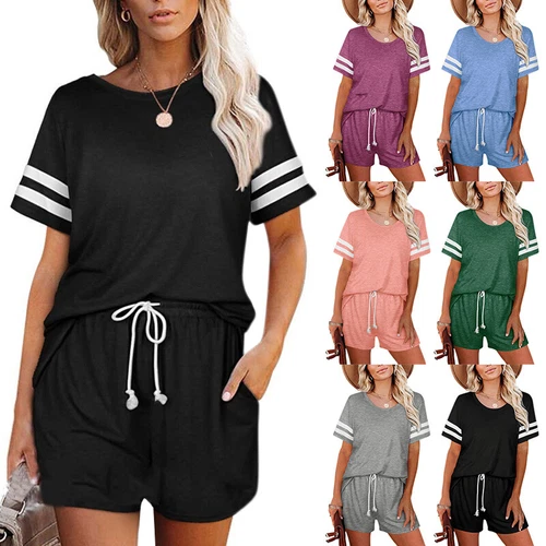 Women Shorts Sets Crew Neck Two Piece Outfit Ladies Loose Fit Short Sleeve - Picture 2 of 13